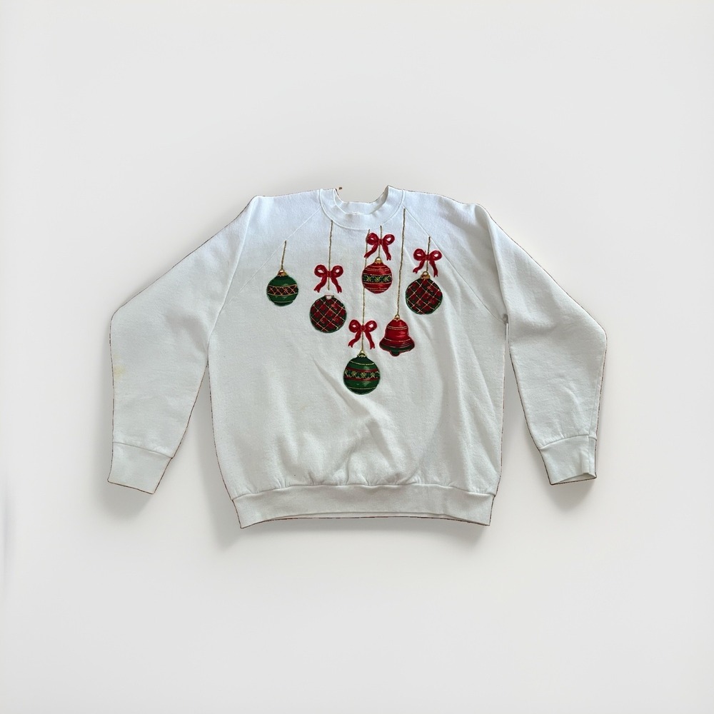 Vintage Fruit Of The Loom Handmade Christmas Sweatshirt Sz L Puff Paint Glitter